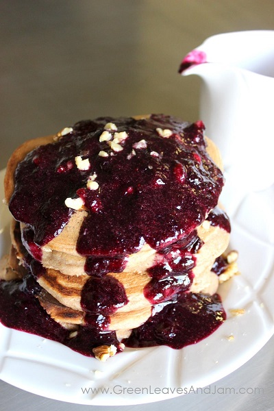 Cinnamon Walnut Pancakes with Homemade Blueberry Syrup